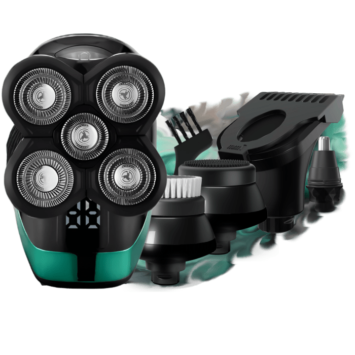 ShaveMate™ Elite 5-in-1 Grooming Kit with 5D rotary blades, waterproof design, and attachments for head, beard, and body grooming.